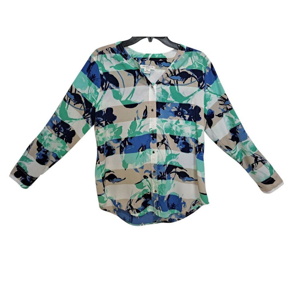 Liz Claiborne Petite Cottagecore Floral Print Button Front Roll Tab Sleeves Flaw